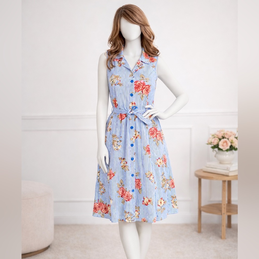 Mlle Gabrielle Blue Stripe Floral Button Front Dress Small cotton